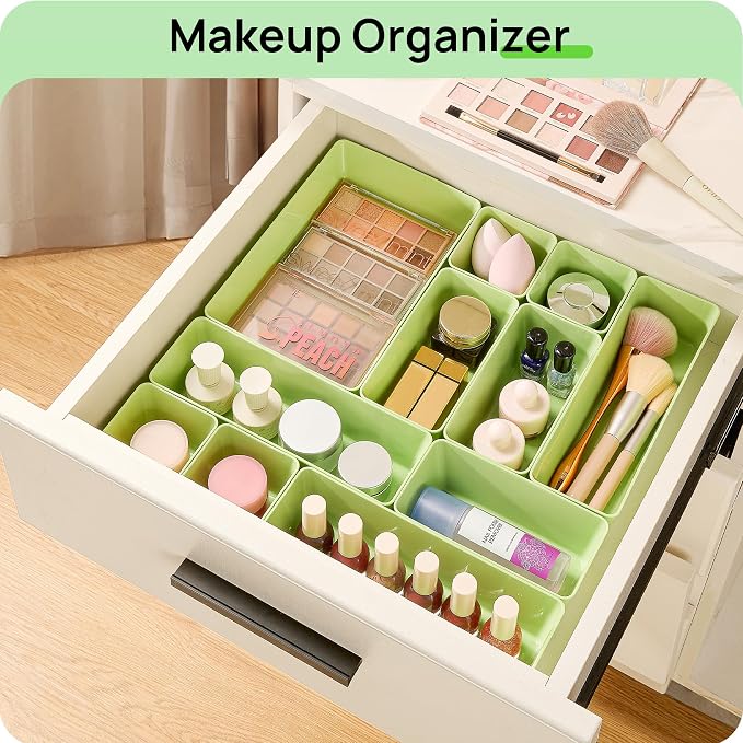 Vtopmart 25 PCS Plastic Drawer Organizers Set, 4-Size Versatile Bathroom and Vanity Drawer Organizer Trays, Storage Bins for Makeup, Bedroom, Kitchen Gadgets Utensils and Office, Light Green