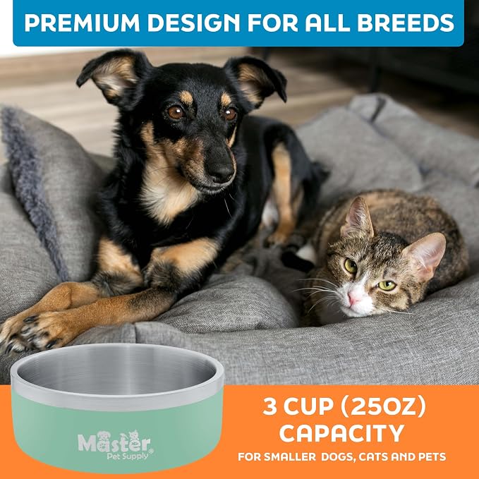 Master Pet Supply Stainless Steel Dog Bowls - 25 oz, Heavy Duty - Pistachio, Double Wall Extra-Thick Insulated, Non-Slip Pet Water Bowl for Dogs, Cats & Pets, Anti Rust Metal, Dish Washer Safe