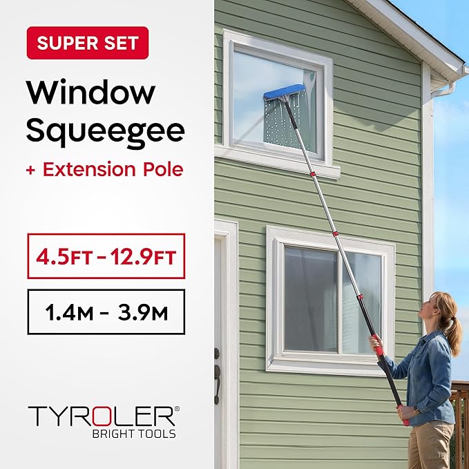 Tyroler Professional Window Squeegee with Extension Pole | 4.5-12.9ft Squeegee for Windows Cleaning | Outdoor Window Cleaner Tool, Windows Washing Kit with Extension Pole | Window Cleaning Kit