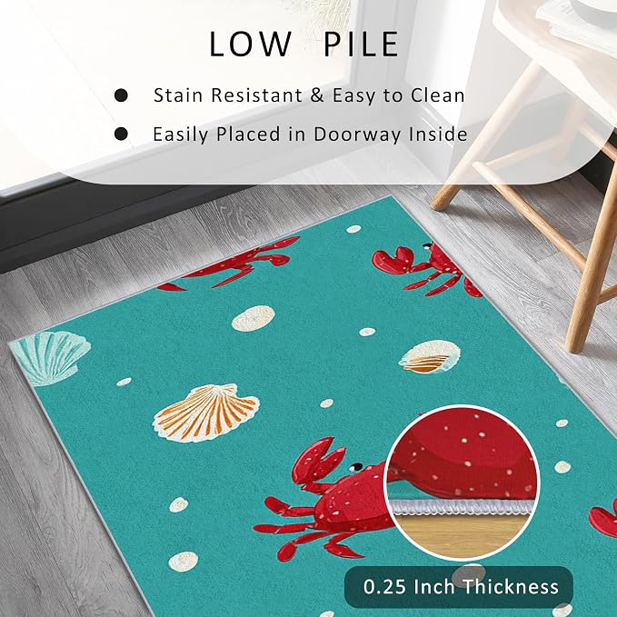 3x8 Kids Crab Runner Rug for Hallway, Washable Marine Life Rug Runner Non Slip, Nautical Seashell Home Decor Carpet for Kitchen, Bedroom, Entryway, Laundry Room, Ultra Thin Soft H265