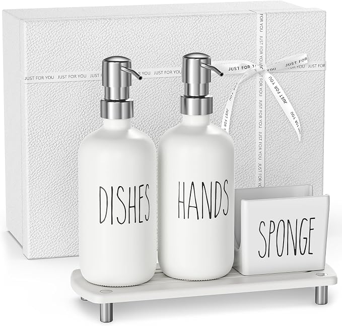 Cisily Housewarming Gifts New Home Basket, Kitchen Soap Dispenser Set Comes with Ceramics Sponge Holder, Silver Stainless Steel Pumps, and Instant Dry Tray, Hand and Dish Soap Dispenser Set
