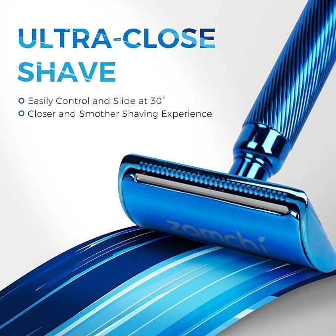 Double Edge Safety Razor with Stand, Version 2.0 Includes 10 Blades | Premium noble blue finish with a vibrant metallic appearance and durable coating.
