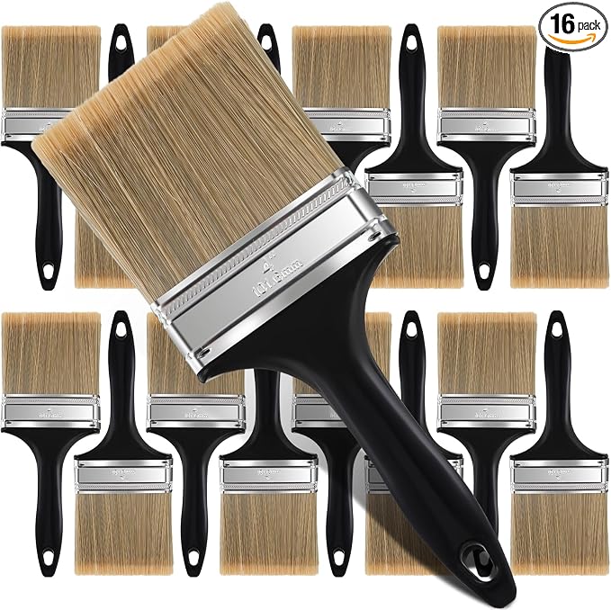 Layhit 16 Pcs Paint Brushes House Chip Paintbrush with Treated Plastic Handles Wide Flat Wall Trim Painting Tool for Paint Stains Wood Cabinet Deck Fence Door Furniture Home DIY (4'')