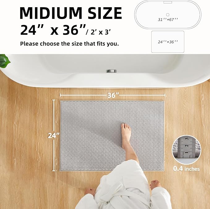 TYUU Bathroom Rugs Non Slip Washable, Super Absorbent Thin Bath Mat Quick Dry Low Pile Bathroom Rug, Light Grey 24"x36"
