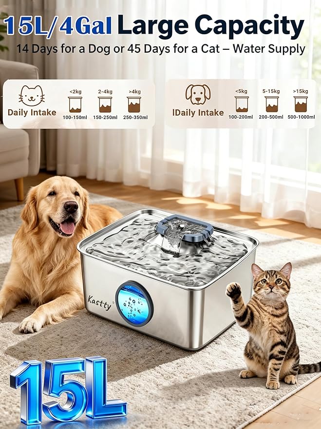 Kastty 15L/4 Gal Stainless Steel Dog Water Fountain for Large Dogs | Ultra-Quiet Automatic Pet Water Fountain with Water Level LED Light,Easy Cleaning Dog Water Bowl Dispenser for Multi-Pet FS79