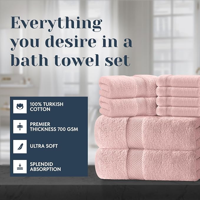 White Classic Luxury Bath Towel Set of 8 Pieces - 100% Turkish Cotton Highly Absorbent Towels for Bathroom, 2 Luxury Bath Towels 700GSM, 2 Hand Towels, 4 Washcloths, Pink