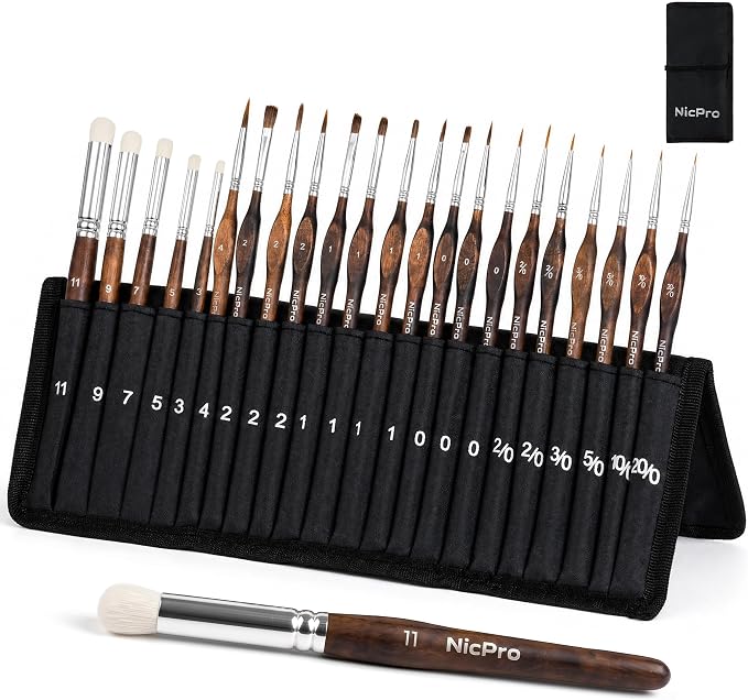 Nicpro 22 PCS Kolinsky Sable Miniature Paint Brushes Dry Brush, Professional Model Paint Brush Set with Cloth Roll, Fine Detail Artist Brush Set for Miniatures, Acrylic & Figures, Model, Watercolor