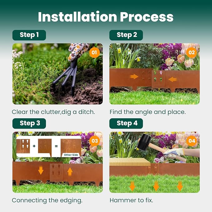 Corten Steel Landscape Edging 8in x 40in Strips, 6-Pack 20ft | Rusted, Hammer-In, 8 Inch Tall, Metal Edging for Garden, Border, Steel Landscaping, for Landscape, Yard, Lawn, Pathway