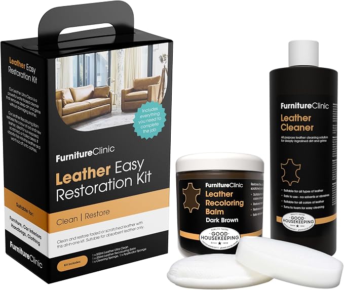 Furniture Clinic Leather Easy Restoration Kit | with Leather Recoloring Balm, Cleaner, Sponge, and Cloth | Leather Repair Kit for Scratched and Faded Furniture (Dark Brown)