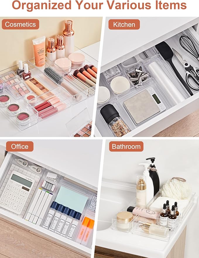 SMARTAKE 30-Piece Drawer Organizer with Non-Slip Silicone Pads, 7-Size Desk Drawer Organizer Trays Storage Tray for Makeup, Jewelries, Utensils in Bedroom Dresser, Office and Kitchen (Clear)
