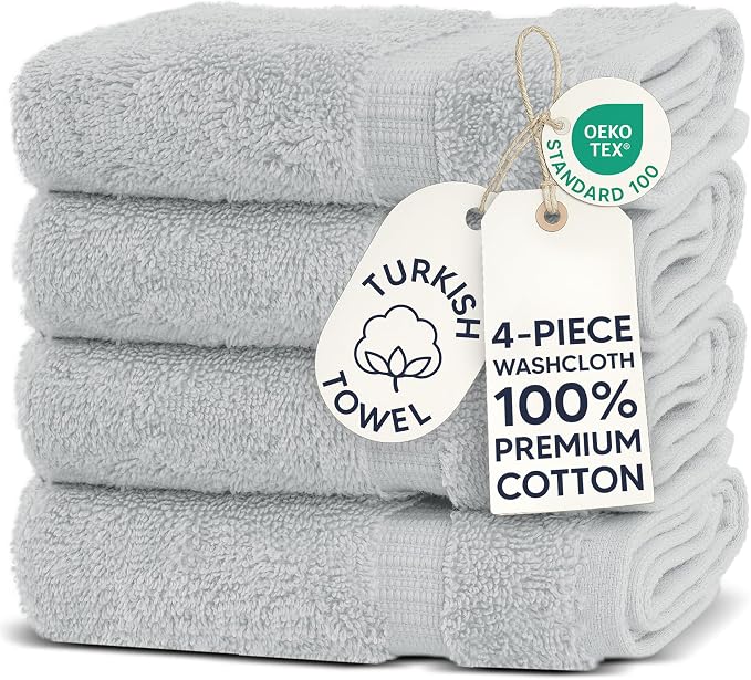 Chakir Turkish Linens 4 Piece Washcloth Set, 100% Cotton Luxury Turkish Washcloths for Bathroom, Soft Absorbent Washcloths, 13 x 13 Inches, Silver Gray