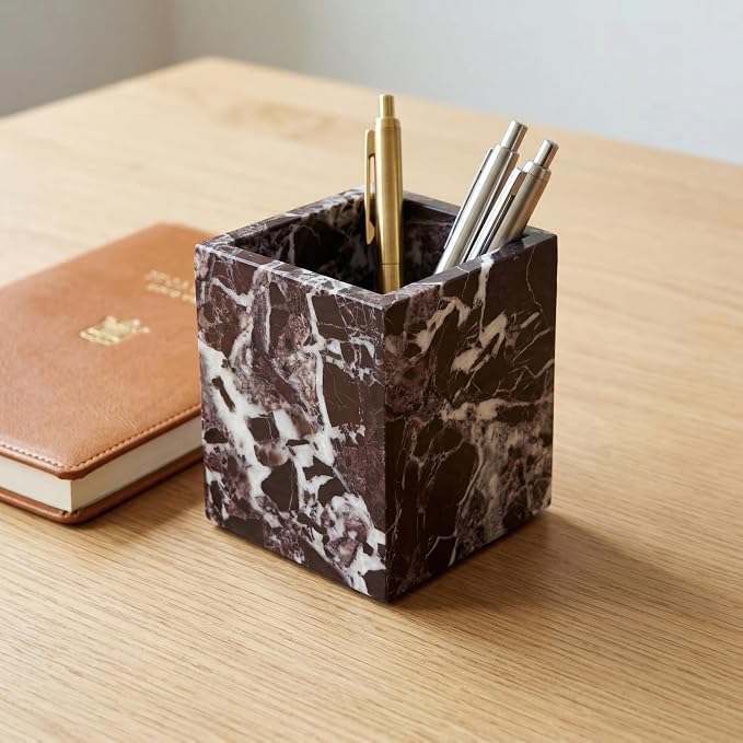 Natural Marble Pen Holder, Square Desk Organizer, Marble Toothbrush Holder, Multi-Functional Makeup Brush Holder, Decorative Storage Cup for Office Vanity Bathroom Kitchen (Rosa Levanto)