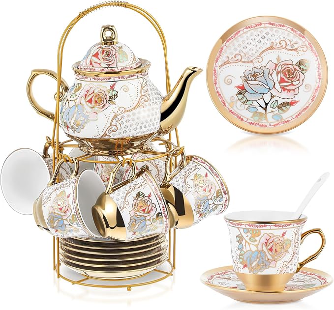 Zhehao 20 Pcs Porcelain Tea Set with Metal Holder and Spoon Adult Ceramic Tea Set European Flower Painting Teapot Cup Saucer Spoon for Women Mom Gift, Large Version (Minimalist Style)