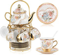 Zhehao 20 Pcs Porcelain Tea Set with Metal Holder and Spoon Adult Ceramic Tea Set European Flower Painting Teapot Cup Saucer Spoon for Women Mom Gift, Large Version (Minimalist Style)