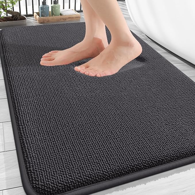 OLANLY Thick Memory Foam Bathroom Rugs 34x21, Absorbent Bath Mat, Dark Grey | Soft Quick Dry Bath Rugs Mats, Non-Slip, Machine Washable Carpet for Bathroom Floor, Tub and Shower, Home Decor Accessories