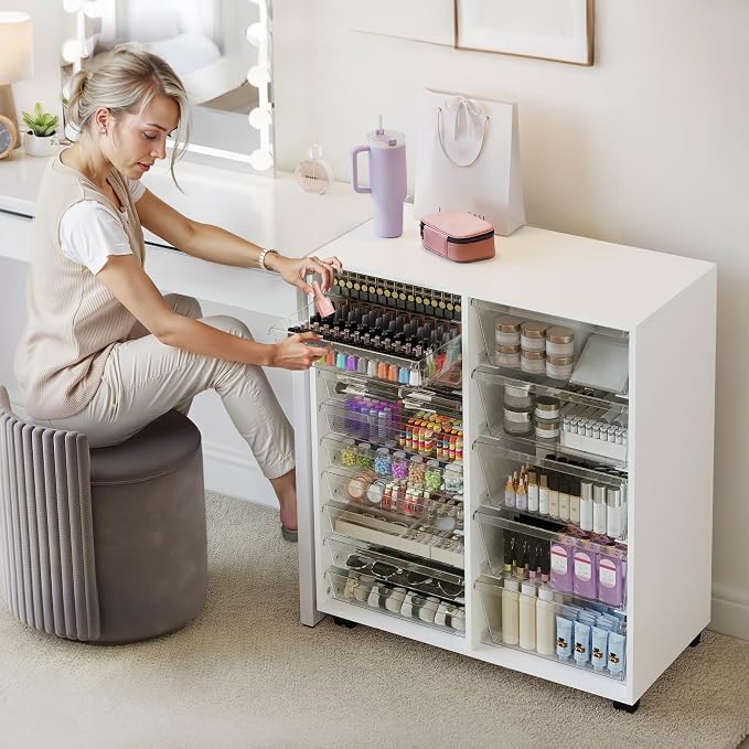 WOPITUES Mobile Storage Cabinet with 15 Clear Drawers, Craft Cabinet with 5 Large Drawers, Cart with Wooden Tabletop, Printer Stand Home Office, Dresser Chest, Modern White