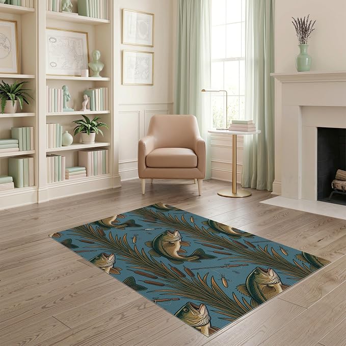 4'x6' Washable Area Rug Bass Lake Lure Tackle Reeds Border Motif Angler Fish Fishing Refined Structured Stain Resistant Low Profile for Dorm Room, Small Living Apartment
