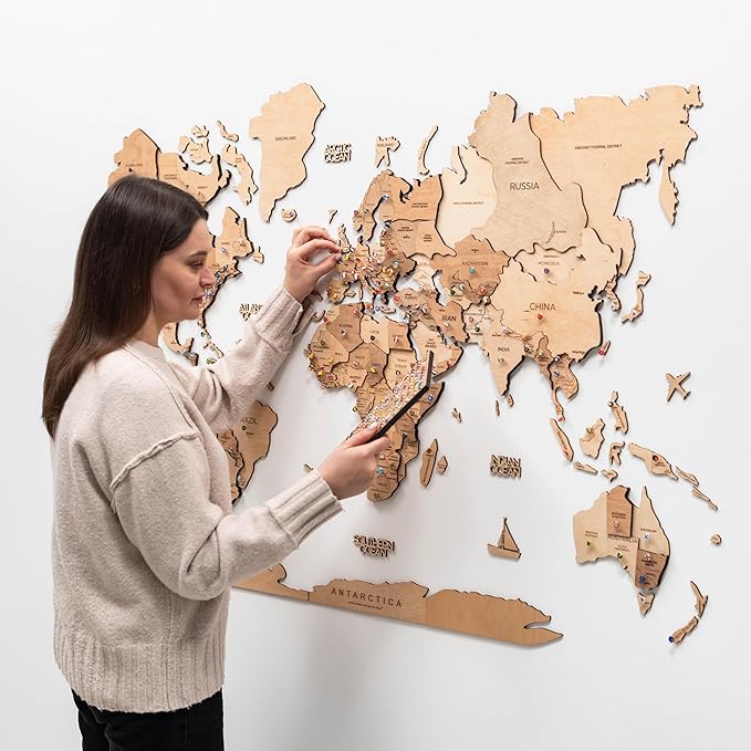 ENJOY THE WOOD 3D Wood World Map Wall Art Large Wall Décor - World Travel Map - Any Occasion Gift Idea - Wall Art for Home & Kitchen or Office (Light, Medium)