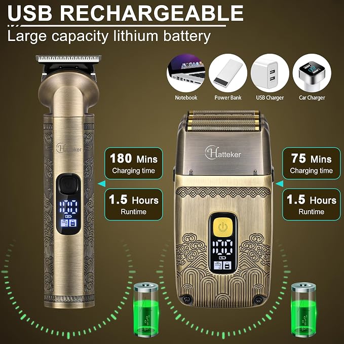 Hatteker Men Waterproof Cordless Beard Trimmer Clipper & Foil Shaver All-in-One Kit