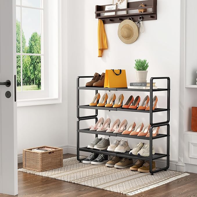 SNTD Shoe Rack - Expandable Shoe Organizer for Closet, Adjustable Metal Shoe Shelf Storage, Stackable Long Shoe Stand Holder for Garage, Entryway, Door Entrance (Black, 4-Tier)