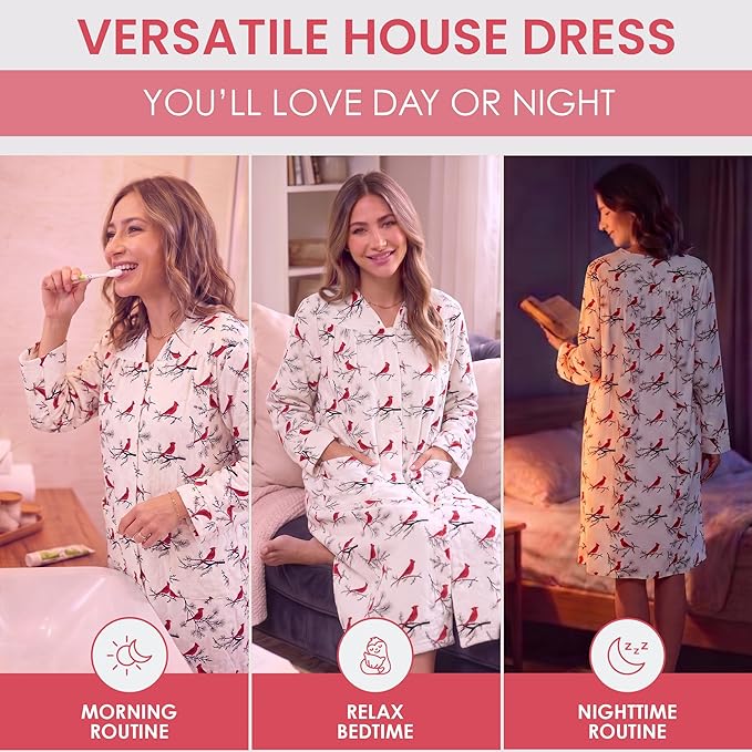 Casual Nights Women's Floral Snap Front Flannel Duster Long Sleeve Lounger Dress