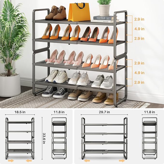 SNTD Shoe Rack - Expandable Shoe Organizer for Closet, Adjustable Metal Shoe Shelf Storage, Stackable Long Shoe Stand Holder for Garage, Entryway, Door Entrance (Grey, 4-Tier)