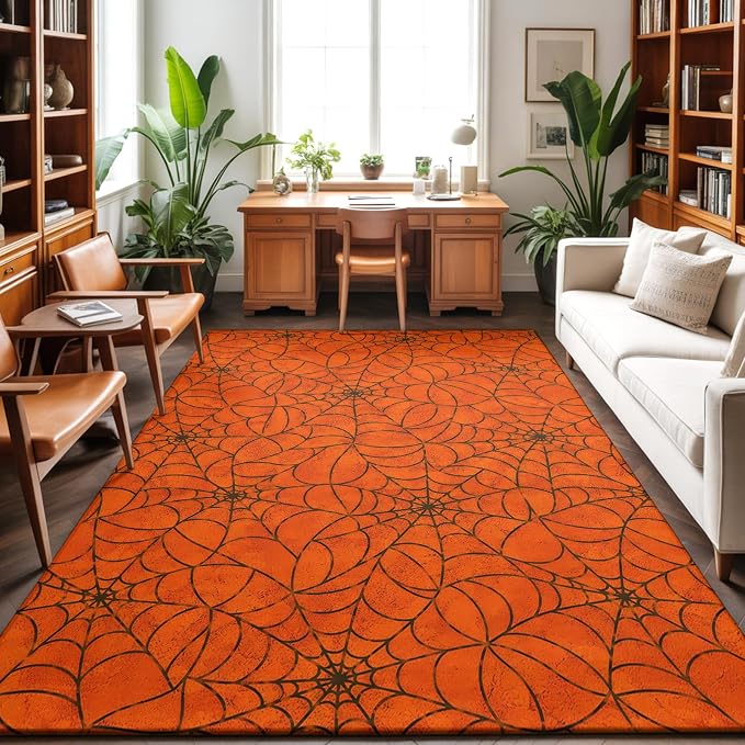 Large Area Rug 5'x7', Orange Halloween Washable Rectangular Area Rugs for Living Room Bedroom Office, Black Spiders Net Classic Gingham Non Slip Kitchen Rug Mats Indoor Floor Accent Throw Carpet
