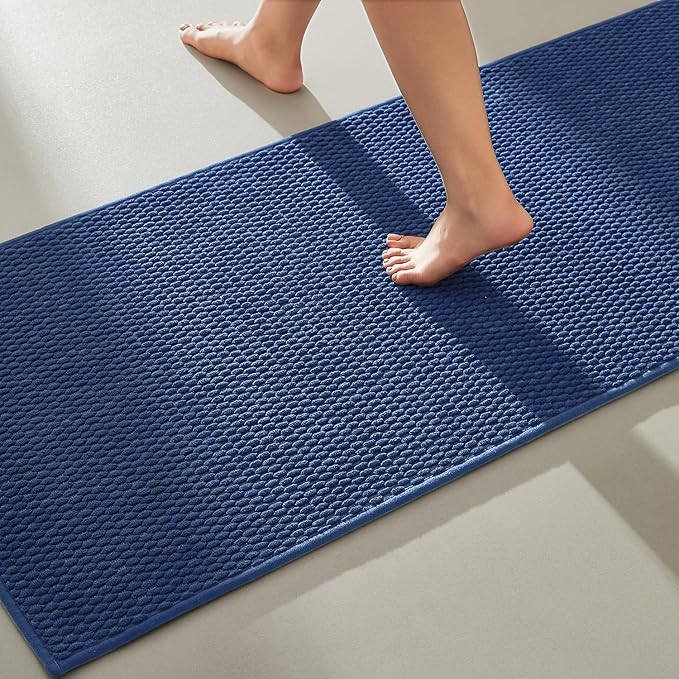 TYUU Bathroom Runner Rugs, Long Bath Mat Runner Washable Thin Quick Dry Low Pile Bathroom Runner Rugs Non Slip, Navy Blue 24"x70"