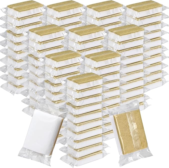 Tioncy 100 Pcs Individually Wrapped Sponges Kitchen Bulk Brown Dish Non Scratch Scrub Sponges Dual Sided Cleaning Dish Scrubber for Washing Dishes, Pots, Pans, Sinks, Stoves, Appliances, Car, Bike