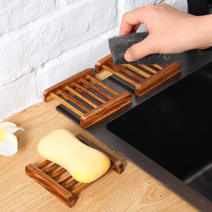 Amyhill 70 Pcs Bamboo Wood Soap Dish Bulk Bathroom Wooden Soap Holder Savers Self Draining Dishes Handcraft Tray, 3.3 x 3.3 x 0.67 Inch (Charcoal Color)