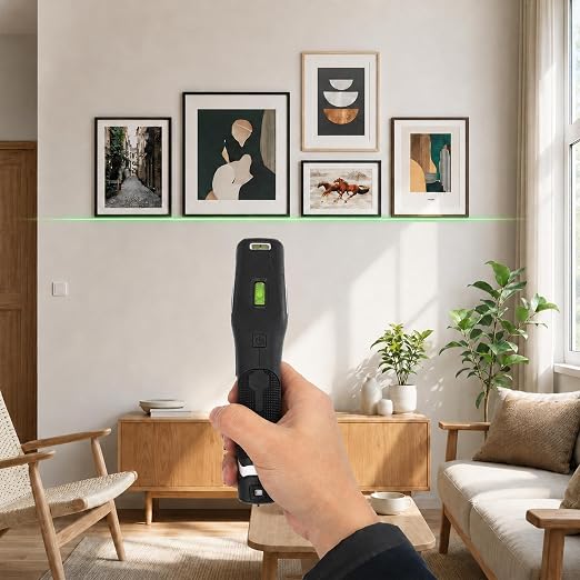 Laser Tape Measure with Upward Green Laser Line, Measure Ceiling Points Without a Ladder, Side Laser Lines for Picture Hanging, Auto-Lock Retractable 16ft/5m Metric + Imperial,Battery Not Included