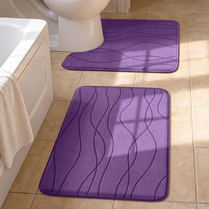 YIHOUSE Bathroom Rugs Set 2 Piece, Memory Foam Bath Mat Purple | U Shaped+Small Mat, Ultra Soft, Absorbent, Non-Slip, Machine Washable, for Bathroom, Sink and Toilet