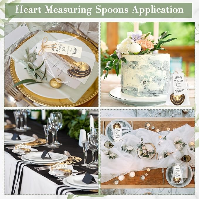 Umigy 100 Set Heart Shaped Measuring Spoon Tea Spoons Wedding Baby Shower Favors for Guests Set Heart Shape Drawstring Organza Bag Gift Tag Rope for Wedding Bridal Shower Souvenir (Gold)
