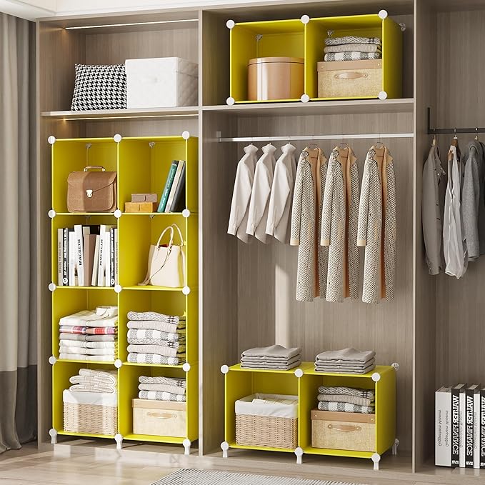 AWTATOS Cube Storage Organizer, Storage Cubes Shelves, 12 Cube Closet Organizers and Storage, DIY Stackable Bookshelf Plastic Clothes Organizer Shelving for Bedroom, Home,Yellow