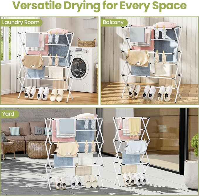 APEXCHASER Large Clothes Drying Rack Foldable, Drying Rack Clothing, Extendable Laundry Drying Rack, Space-Saving, Suitable for Indoor/Outdoor Use, 45.28" × 14.57" × 35.51", White