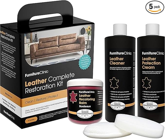 Furniture Clinic Leather Complete Restoration Kit | with Leather Recoloring Balm, Cleaner, 2-in-1 Protection Cream & Conditioner, Sponge, and Cloth | Repair Kit for Furniture (Bordeaux)