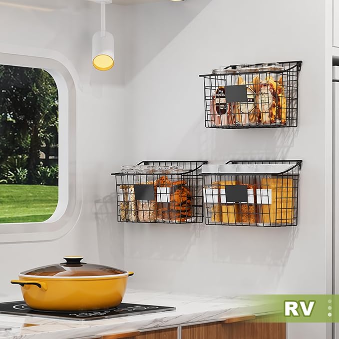 Wall Mounted Bin Basket with 5 Hooks 3 Label Plate Adhesive-3 Pack, Cabinet Hanging Metal Wire Basket,Rustic Farmhouse Decor, Storage Organization Shelf for Pantry Kitchen Bathroom 10.6*7.5*5.1inch