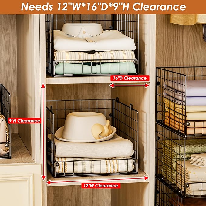 4-Tier Stackable Closet Organizers and Storage Shelves, Foldable Closet Shelf Organizer System, Stackable Storage Bins Drawers for Closet Organizer System, Black(Patent 30022416, 15.7"x11.8"x34.64")