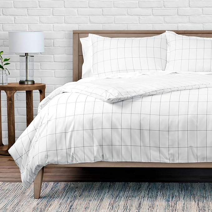 Bare Home Bedding Duvet Cover King Size - Premium 1800 Super Soft Collection - Lightweight, Cooling - Soft Breathable Bedding Duvet Cover (King, Grid - White/Grey)