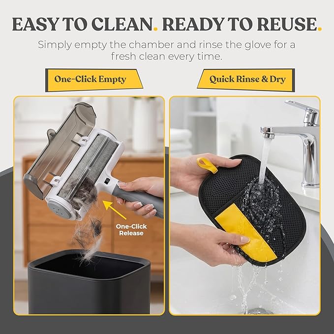 A&O Pet Hair Remover Set for Cats & Dogs – Grooming Gloves & Reusable Lint Roller Combo – Dog Cat Fur Remover for Furniture, Couch, Carpet, Clothes & Car Seats – Washable Electrostatic Deshedding Tool
