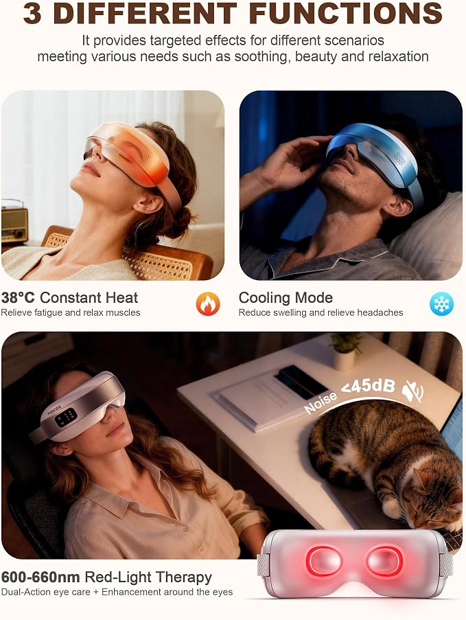 Eye Massager with Heat and Cooling, Red Light for Eyes 4 Modes Smart Sleep Mask for Relax Eye Strain, Daily Eye Spa, Improve Sleep Holiday Birthday Gifts for Women Men, Portable Travel Eye Mask