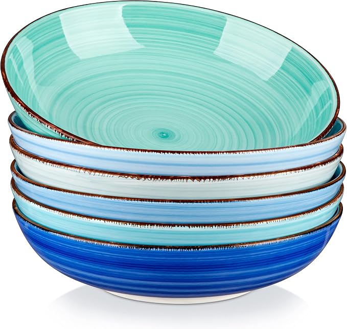 vancasso Bonita 38 oz Ceramic Pasta Bowls Set of 6, Microwave & Dishwasher Safe, 8.5 Inch Elegant Shallow Bowls Set for Pasta, Salad, & Soup – Large Capacity Pasta Plates Sets, Blue