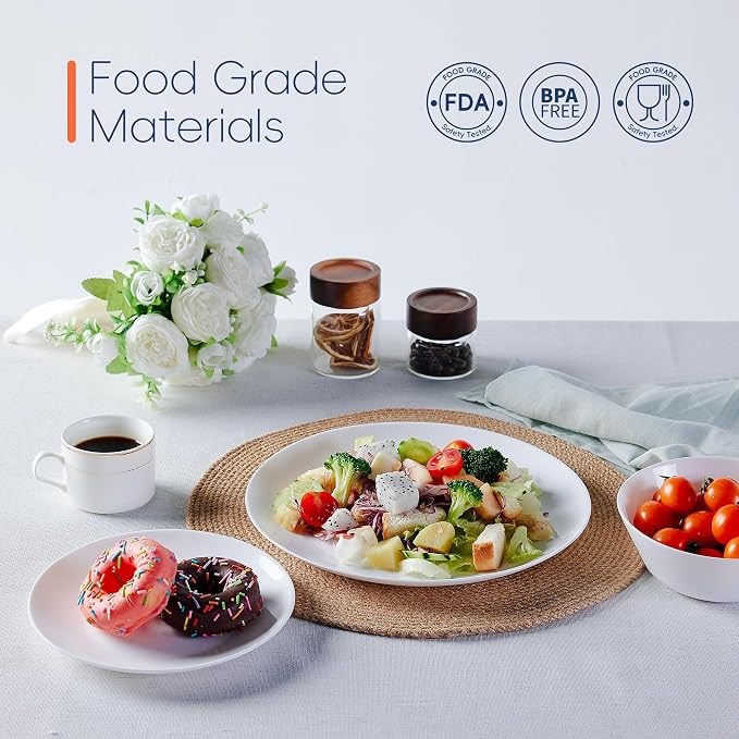 Dinnerware Sets for 6, 18 Piece White Opal Glass Dish Set | Plates and bowls with dishwasher and microwave safe features, chip and scratch resistant dishware for family meals