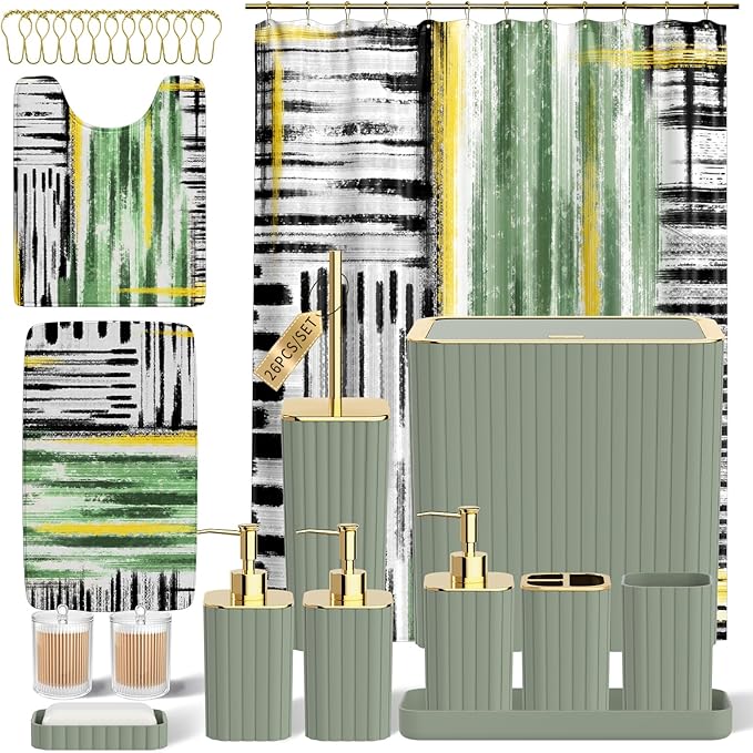 Bathroom Set - Bathroom Accessory Set, Sage Green Bathroom Set, 26PC Bathroom Sets with Shower Curtain and Rugs, Toilet Brush, Trash Can, Qtip Holder & Bathroom Soap Dispenser Set