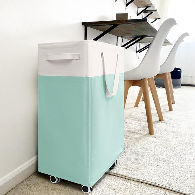 Goodpick Laundry Basket with Wheels, 75L Laundry Hamper with Wheels, Large Laundry Basket with Removable Wash Bag, Clothes Hamper for Laundry, Blue&White