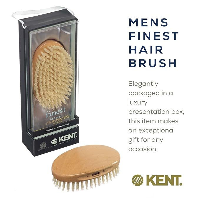 Kent MG3 Finest Men's Hair & Beard Brush for Skin Care - 100% Natural White Boar Bristle for Mens Grooming, Scalp Brush, 360 Wave, Beard and Mustache Straightener For Men's Hair Care