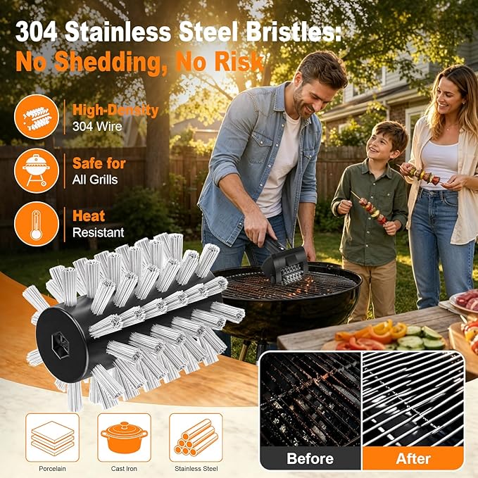 Electric Grill Brush for Outdoor Grill, 4000mAh Cordless Rechargeable BBQ Cleaner with LED Light,2-Speed Grill Cleaner,No Shedding 304 Stainless Steel,Waterproof Grill Cleaning Brush Gifts for Men Dad