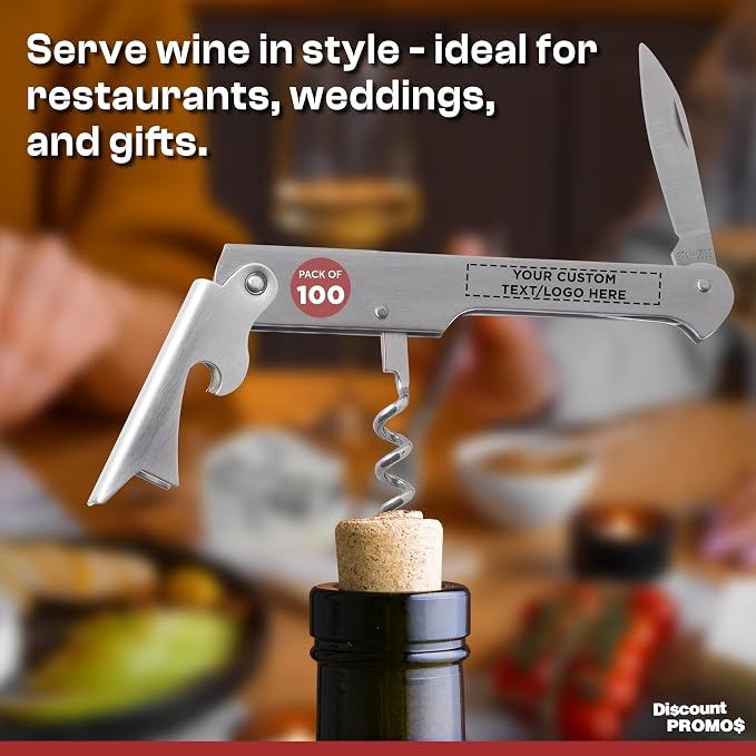 100 Valencia Stainless Steel Wine Bottle Openers Set - Customizable Text, Logo - Corkscrew, Serrated knife, Perfect for Bars - Silver