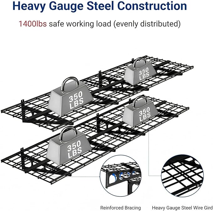FLEXIMOUNTS 2-Pack 2x6ft Garage Shelving with Hooks 24-inch-by-72-inch Wall Shelf Garage Storage Racks Floating Shelves, Black, Classic Series
