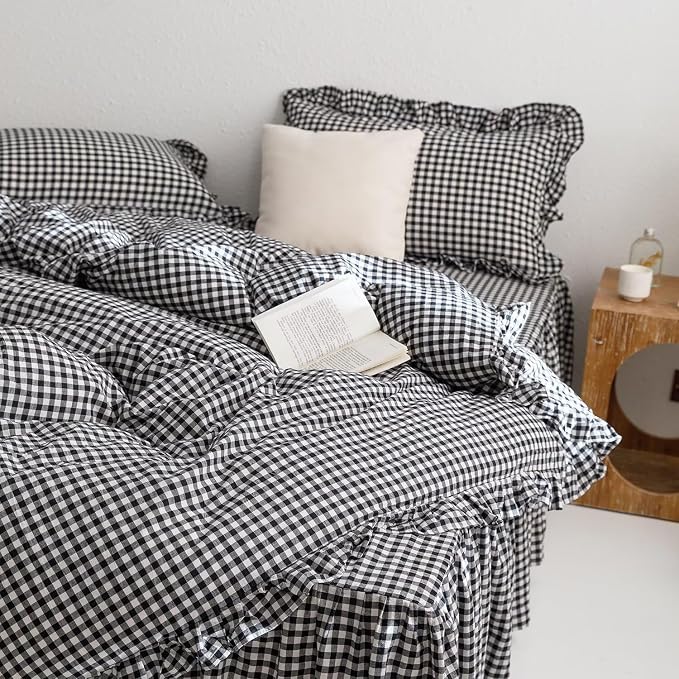 mixinni Black White Gingham Ruffle Duvet Cover King Size 3 Pieces – 100% Washed Cotton, Vintage Plaid Ruffled Bedding Set with Zipper Ties, Soft Checkered Grid Farmhouse Chic Comforter Cover Set